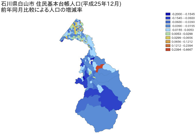 石川県白山市住民基本台帳人口（平成25年12月）前年同月比較による人口の増減率