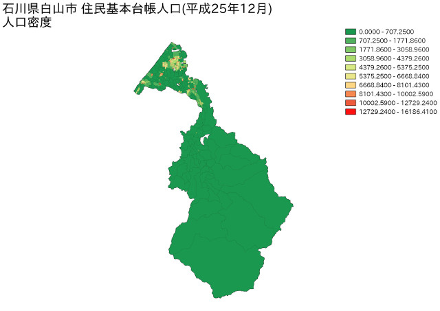 石川県白山市住民基本台帳人口（平成25年12月）人口密度