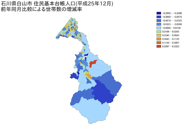 石川県白山市住民基本台帳人口（平成25年12月）前年同月比較による世帯数の増減率