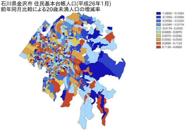 石川県金沢市　住民基本台帳人口（平成26年1月）前年同月比較による20歳未満人口の増減率