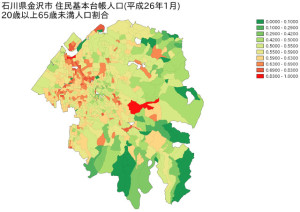 石川県金沢市　住民基本台帳人口（平成26年1月）20歳以上65歳未満人口割合