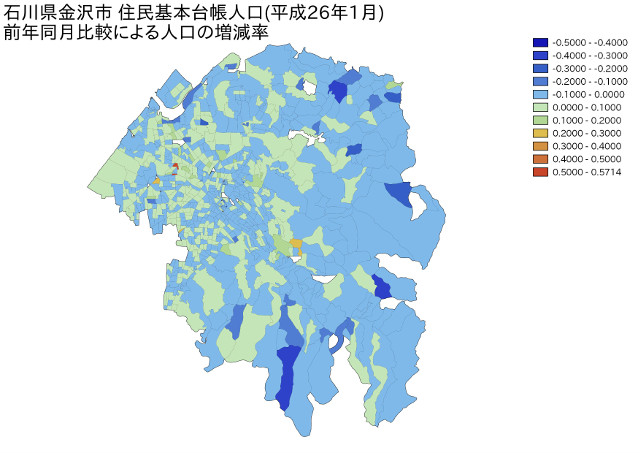 石川県金沢市　住民基本台帳人口（平成26年1月）前年同月比較による人口の増減率