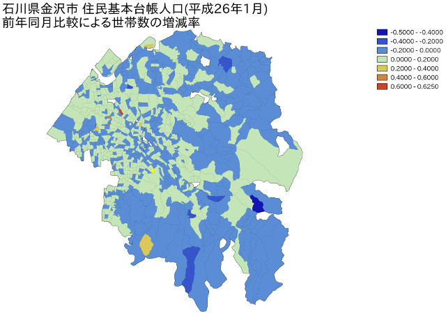石川県金沢市　住民基本台帳人口（平成26年1月）前年同月比較による世帯数の増減率