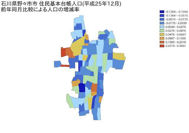石川県野々市市住民基本台帳人口（平成25年12月）前年同月比較による人口の増減率