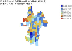 石川県野々市市住民基本台帳人口（平成25年12月）前年同月比較による世帯数の増減率