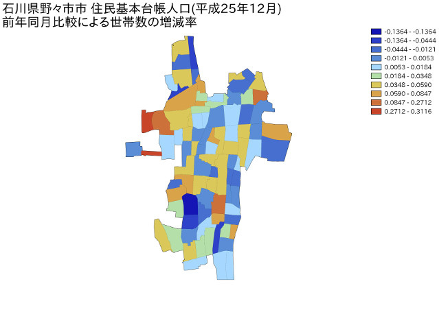 石川県野々市市住民基本台帳人口（平成25年12月）前年同月比較による世帯数の増減率